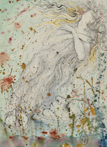 Salvador Dali, Le corps d'Ophélia morte par noyade recouverte des fleurs jetées par la Reine (Hamlet; Acte V, scène 1), 1967
