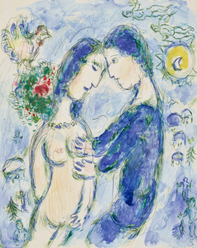 Gouache, watercolor and wax crayons on paper depicting two figures floating, by iconic French artist Marc Chagall.